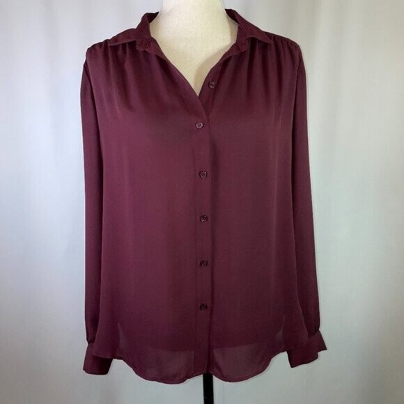 H&M Burgundy Blouse Semi Sheer Long Sleeves V Neck Button Down - Picture 1 of 11